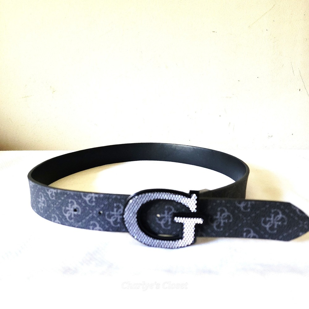 Guess Monogram Logo Belt Mens 32 Grey/Black Excellent Large G Buckle Y2K Vibes